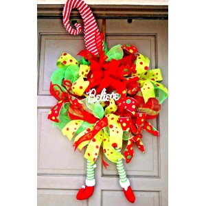 X-Large Christmas Holiday Elf Hat & Legs Deco Mesh BELIEVE Wreath Door Decor   132387384349